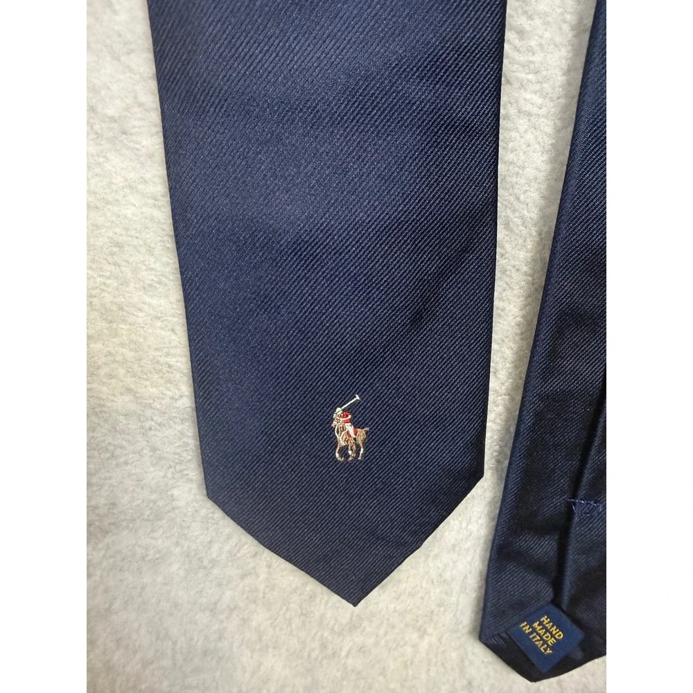 Polo Ralph Lauren Navy Blue Silk Tie Hand Made in Italy Embroidered Pony Logo